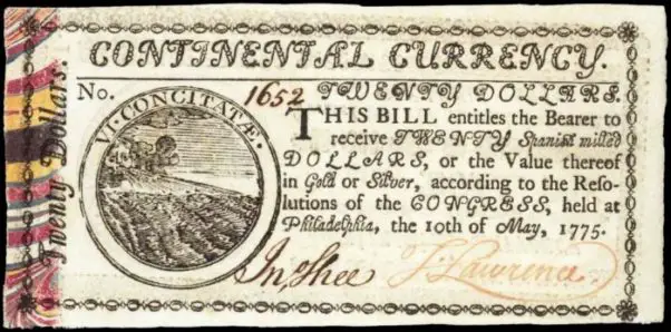 continental $20 fiat currency bill