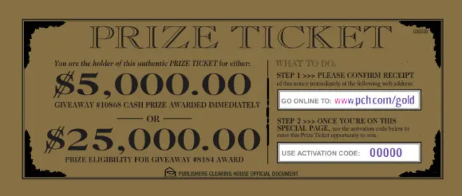 PCH lottery prize ticket